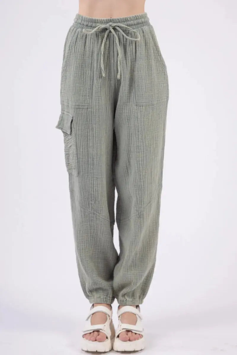Very J Washed Woven Crinkle Gauze Drawstring Pants for Comfort - Love Salve